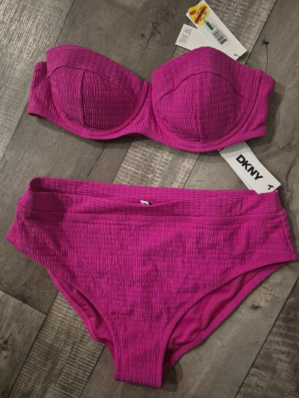 DKNY Balconette Bikini Set Swimsuit Bandeau And High Waisted Bottoms Fuschia NWT